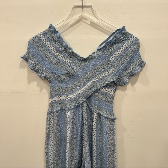 Japna Micro Floral Off The Shoulder Crossfront Wide Leg Jumpsuit Blue Small - Picture 6 of 6